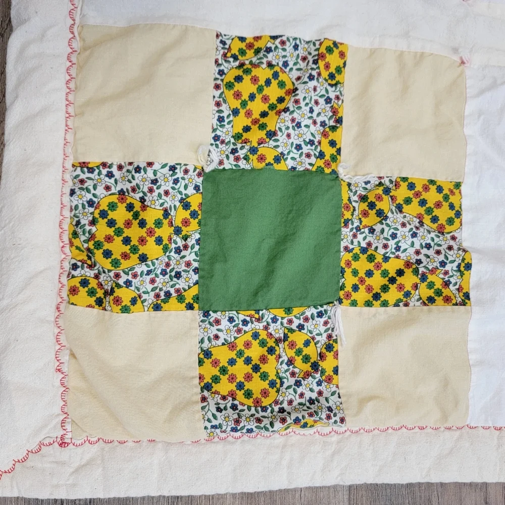 Vintage Quilt Small 9 Patch Hand Pieced Cotton Colorful Floral 28.5 x 29